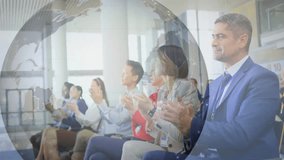 Team clapping initiating globe fading over tech conference portraits multiplying forming network. Collaboration, innovation, networking, teamwork, communication, digital, dynamic - Powered by Shutterstock - Get 15% off with code: PIKWIZARD15