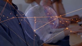 Call center agent adjusting mic, activating rotating globe with pulsing network nodes for data view. Technology, communication, digital, connectivity, collaboration, futuristic, professional - Powered by Shutterstock - Get 15% off with code: PIKWIZARD15