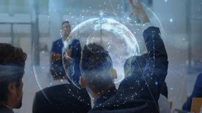 Presenter rotating holographic globe while responding to raised hand during business meeting. Technology, presentation, data, innovation, networking, corporate, communication - Powered by Shutterstock - Get 15% off with code: PIKWIZARD15