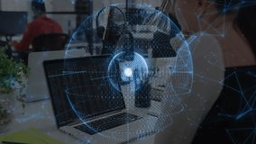 Laptop loading network globe forming above keyboard with orbiting icons woman tracking growth. Technology, innovation, connectivity, digital, futuristic, collaboration, data - Powered by Shutterstock - Get 15% off with code: PIKWIZARD15