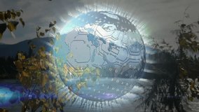 Circuit globe appearing over autumn lake rotating eastward as binary code glowing showing data flow. Technology, innovation, connectivity, digital, futuristic, landscape, serenity - Powered by Shutterstock - Get 15% off with code: PIKWIZARD15