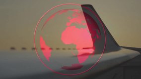 Red digital globe overlay fading in rotating over airplane wing at sunset, showing global network. Aviation, global, technology, travel, express, modern, dynamic - Powered by Shutterstock - Get 15% off with code: PIKWIZARD15