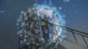 Rotating globe forming data icon overlay near turbine, tech climbing ladder inspecting metrics. Technology, sustainability, renewable, innovation, engineering, industrial, connectivity - Powered by Shutterstock - Get 15% off with code: PIKWIZARD15