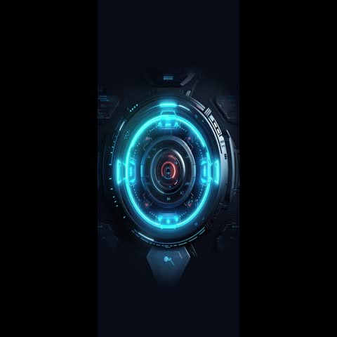 An intricate, futuristic sci-fi interface featuring a central glowing core. The design is dominated by vibrant blue neon lights, circular HUD elements, and complex mechanical details, creating a high-
