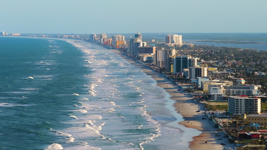 Daytona Beach, Florida. Coastal real estate with premium condos and hotels forming part of vibrant tourism infrastructure in southern USA.