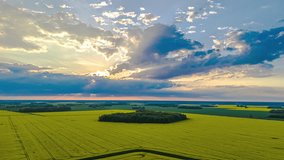 A stunning aerial timelapse captures dramatic clouds moving across the sky at sunset, illuminating the vibrant yellow blooming rapeseed (canola) fields of the Latvian countryside below. - Powered by Shutterstock - Get 15% off with code: PIKWIZARD15