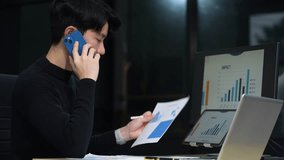 Consulent speak to mobile cellphone at office. Businessman speaking with remote clients using phone. laptop on the desk. - Powered by Shutterstock - Get 15% off with code: PIKWIZARD15