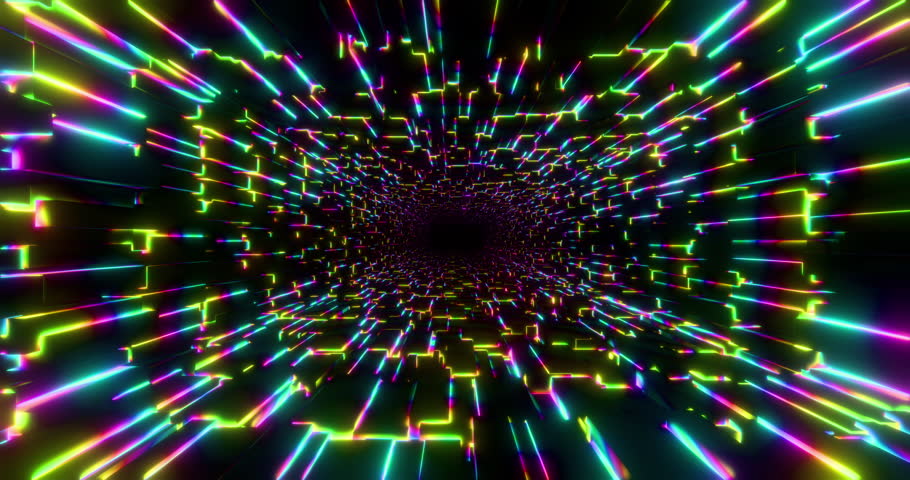 Futuristic glowing neon waving cube background. Shining geometric rainbow lines inside corridor in perspective. Bright retro digital cyberspace. 4K 3D rendering loop animation.