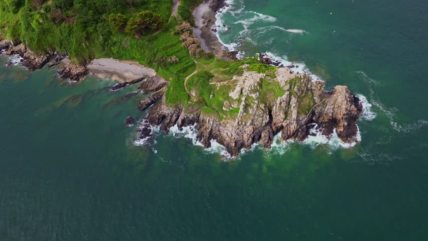 Vertically tilted down to the most northerly point of Plage de Trestrignel, Perros-Guirec, Brittany, France.