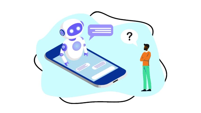 AI chatbot assistant helping customer via mobile chat interface. flat animation video clip