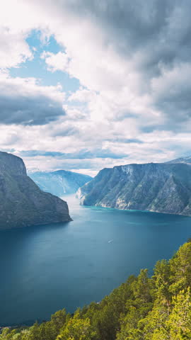 Sogn And Fjordane Fjord, Norway. Amazing Fjord Sogn Og Fjordane. Summer Scenic View Of Famous Natural Attraction Landmark And Popular Destination In Summer.