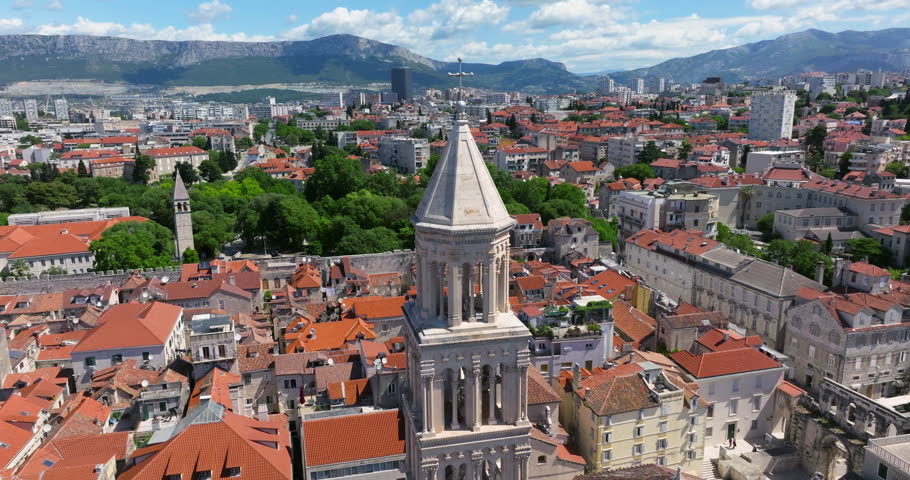 Saint Domnius Cathedral Bell Tower In The Historic Center Of Split, Croatia. Aerial Close-up Shot