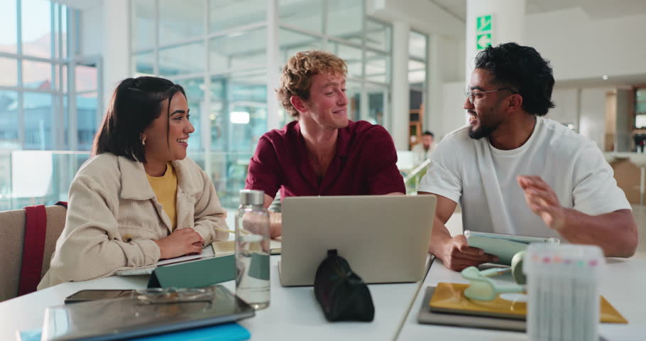 Excited, laptop or students high five in class for test success, exam results or target. University education, college or happy people in school to celebrate assignment goal or scholarship approval
