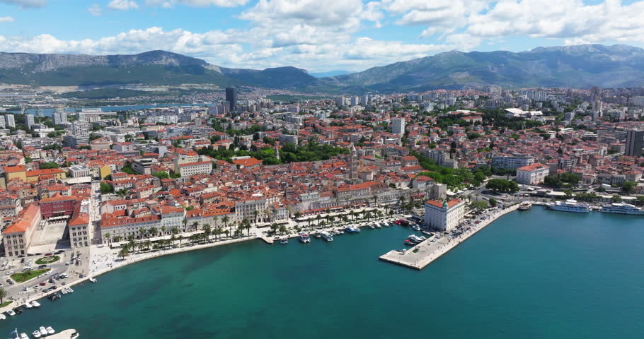 Aerial View Of Marina And Riva Promenade Of Split Old Town In Croatia.