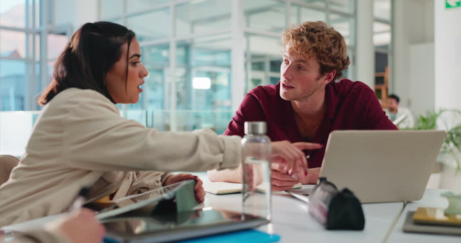 Tutor, laptop and discussion for exam, advice and preparation or studying on campus. College students, friends and people with tech, conversation and notebook for learning and scholarship notes