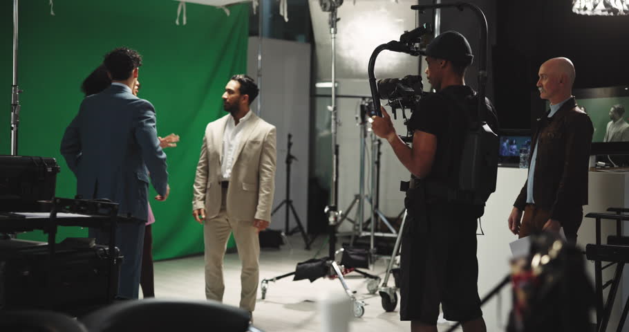 Filming, movie and shooting with people in studio for cinema, production and record. Cinematography, videographer and director media with cameraman and producer on set for rehearsal and action