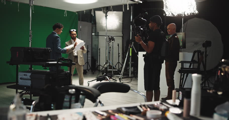 Script, green screen and broadcast with people in studio for news anchor, production and record. Weather forecast, television and journalist media with cameraman and producer on set for rehearsal