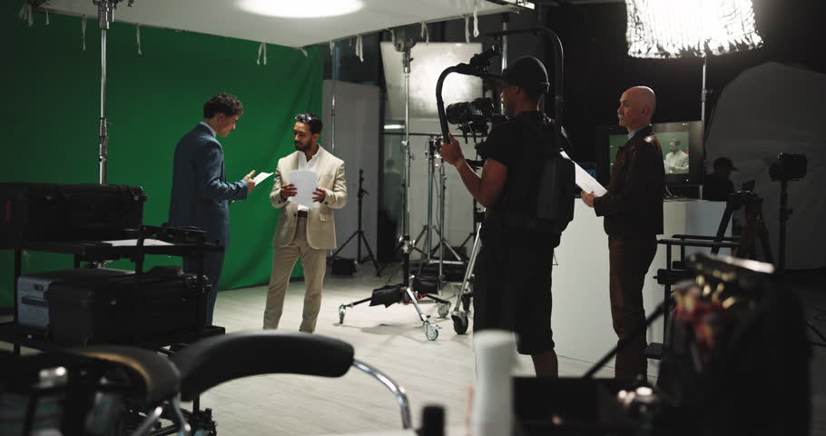 Script, green screen and broadcast with people in studio for news anchor, production and record. Weather forecast, television and journalist media with cameraman and producer on set for rehearsal