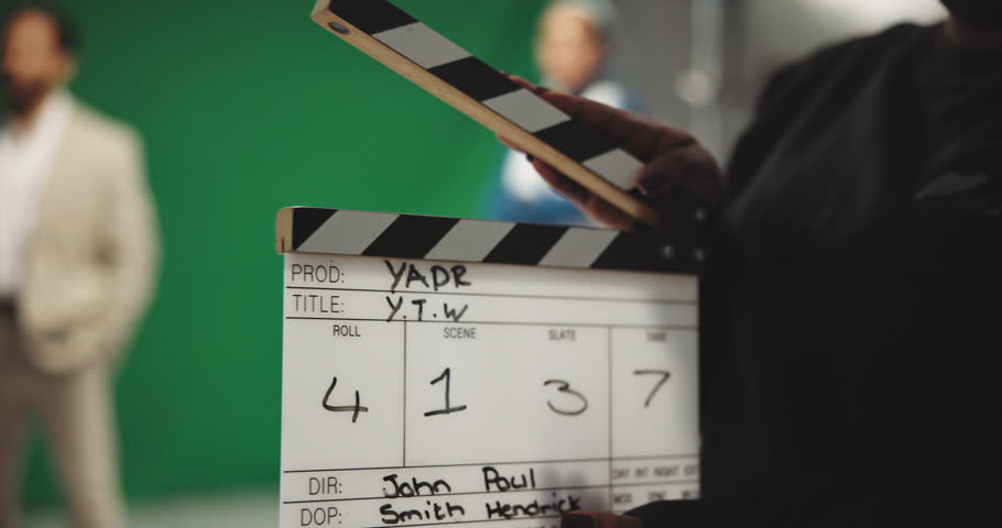 Art, people and movie slate for shoot, actor and process in studio, production or behind the scenes. Media, team and clapperboard for visual cue, videographer and director with equipment for filming