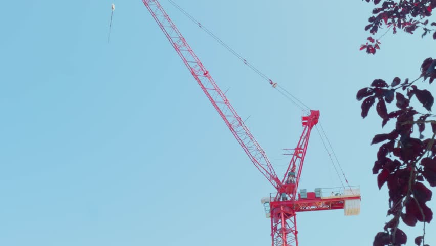 Bright red construction crane set against a clear blue sky, framed by dark leaves