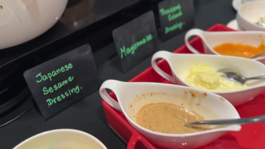 Close-up of salad dressing in bowls, highlighting its smooth texture and glossy appeal.