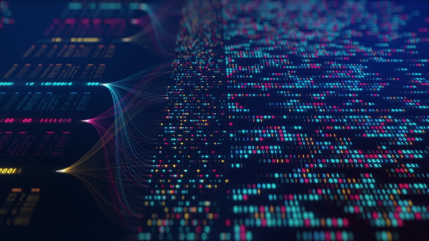 Neural Network Big Data Flow Visualization, Binary Code Matrix, AI Machine Learning Abstract Background, Quantum Computing, Cyber Security, Futuristic Technology Artificial Intelligence Digital Grid