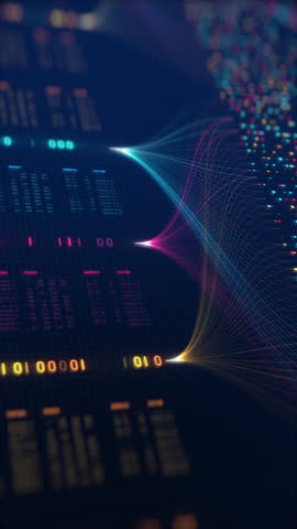 Neural Network Big Data Flow Visualization, Binary Code Matrix, AI Machine Learning Abstract Background, Quantum Computing, Cyber Security, Futuristic Technology Artificial Intelligence Digital Grid