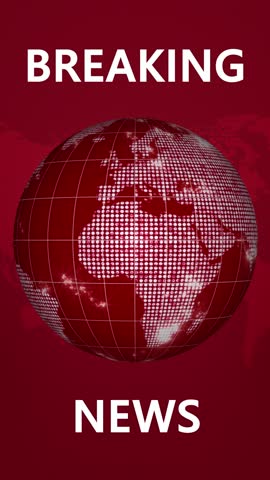 Breaking News Opener Vertical. News opener with globe and map on red background, seamless loop, vertical resolution. 