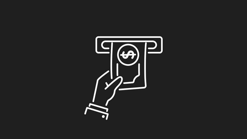 Cash witdrawal white line animation. Cash withdrawal animation showing a hand withdrawing cash from an ATM, perfect for finance, banking, transactions, and moneyrelated concepts.