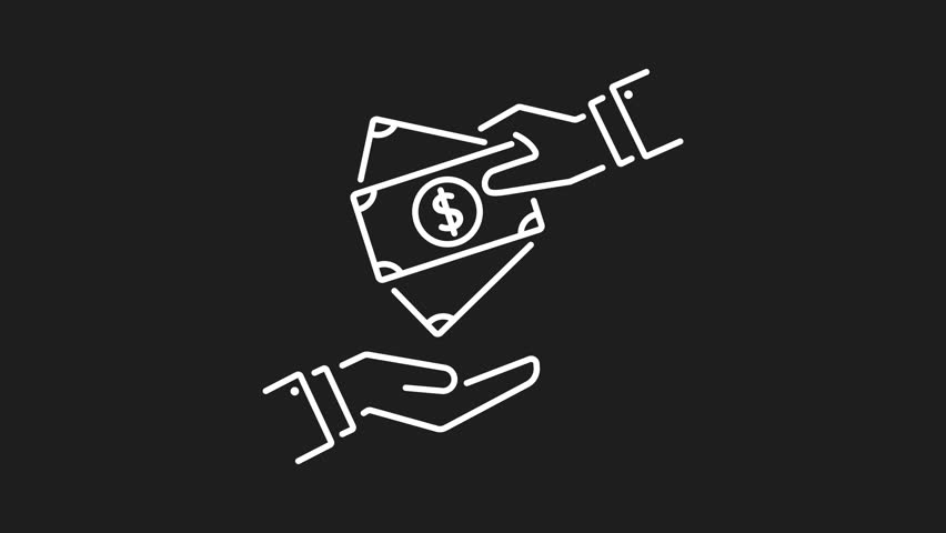Cash payment white line animation. Cash payment animation of hand giving money to another hand in a seamless loop. Suitable for financial presentations and business websites.