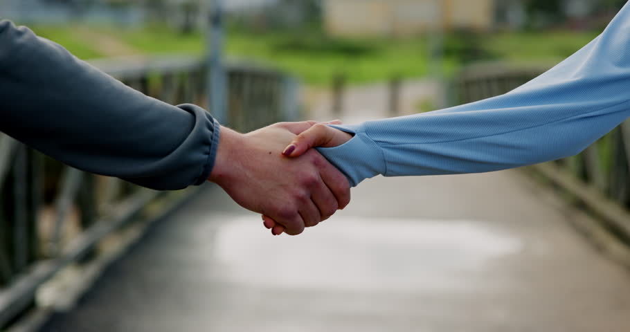 Fitness, friends and people with handshake, greeting or hello outdoor for wellness. Welcome, partnership and athlete together for meeting, team or introduction for personal trainer or runner club