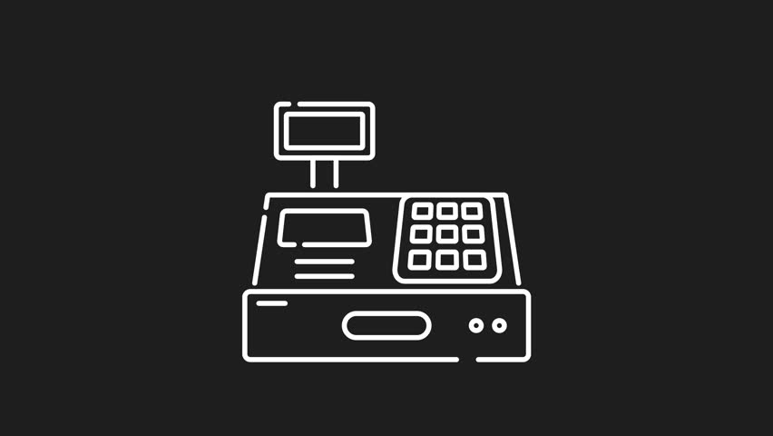 Cash register machine white line animation. Cash register machine, ideal for retail, point of sale, money, vintage, business, finance, icons, logo, and small business concepts.