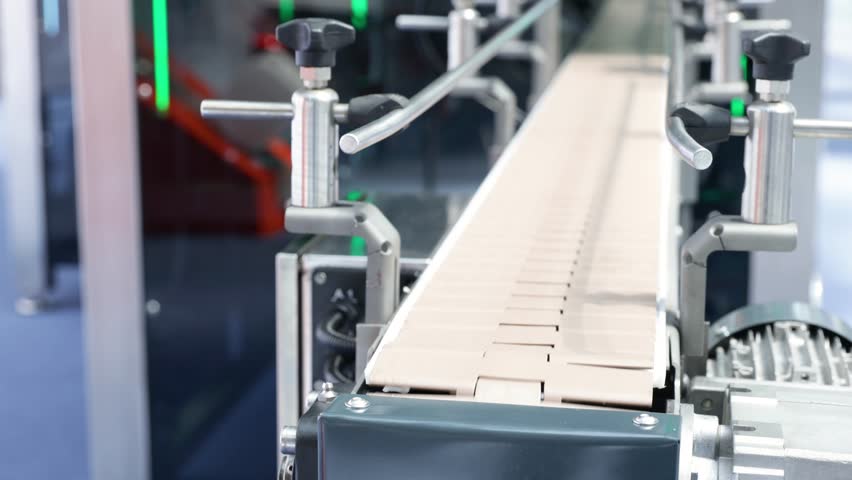 Empty conveyor belt system in a modern factory setting, representing halted production, supply chain disruption and industrial slowdown due to global economic challenges