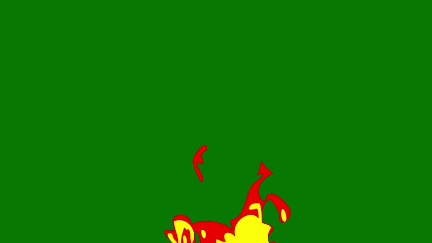 A green screen with red fire on it background and yellow flowers logo circle animated chromakey background gesture style composition cartoonish design depth emotion figure motion.