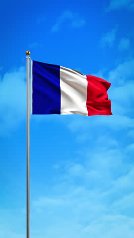 France Flag Waving on Flagpole Against Blue Sky