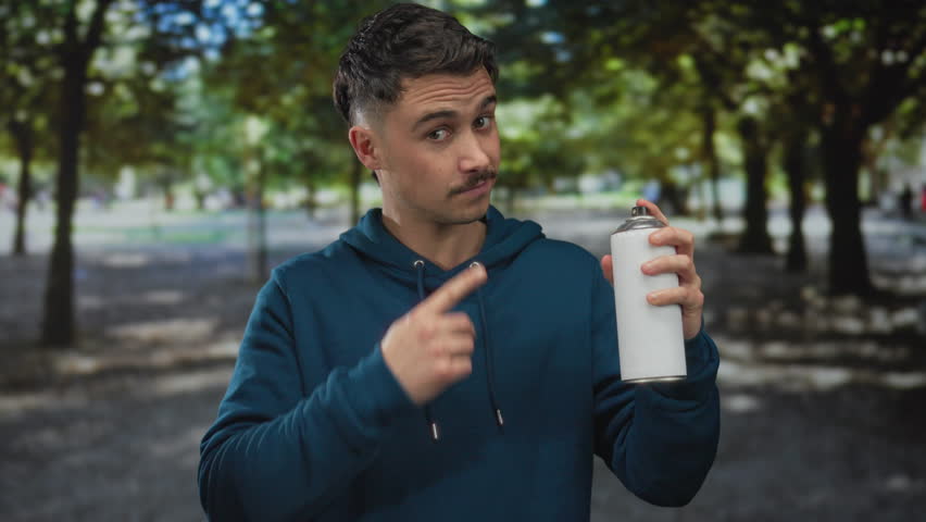 Young hispanic man in park holding white spray can with graffiti expression and pointing to his eye, wearing blue hoodie against blurred background of trees and grass