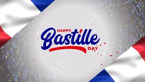Happy Bastille Day text animation in red and blue with fireworks and french flag background. Suitable for Bastille Day celebrations, social media posts, greeting cards, and event invitations. - Powered by Shutterstock - Get 15% off with code: PIKWIZARD15