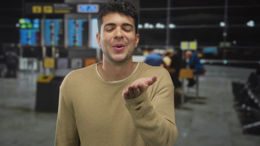 Man shapes lips to blow kisses at airport where guy hispanic traveler passenger warmly recalls journey inside terminal.
