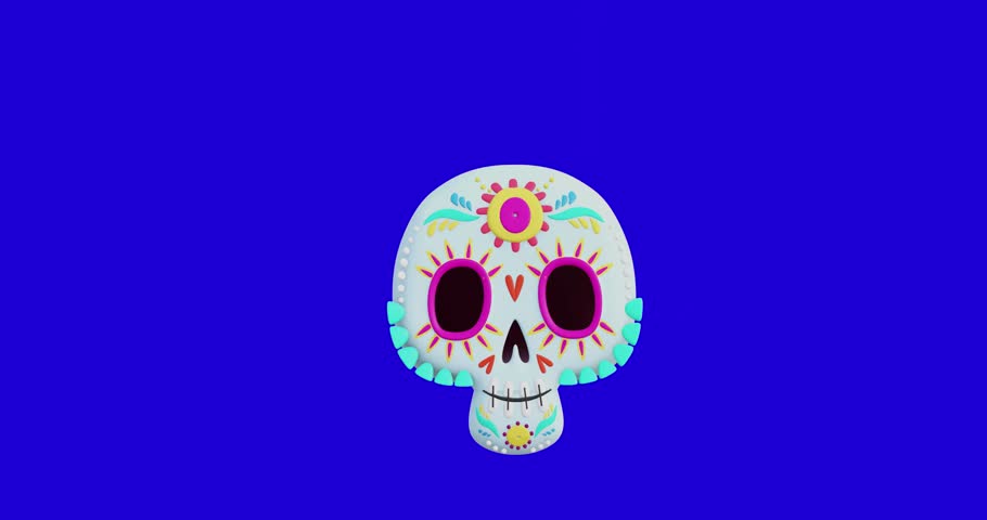 Cute cartoon character of Skull on Dia De Los Muertos. 3d render video.