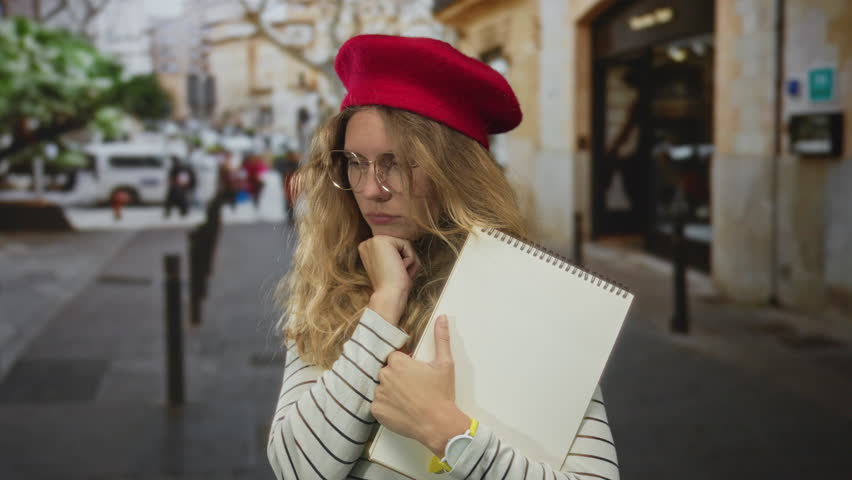 Woman touches mouth while yawning on street as blonde young beret enthusiast holds sketchbook wearing glasses and appears bored.