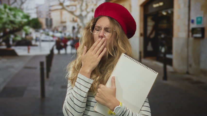 Woman touches mouth while yawning on street as blonde young beret enthusiast holds sketchbook wearing glasses and appears bored.