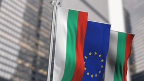 Bulgaria and European Union flags in front of a modern corporate cityscape. Concept of business, finance, international agreement, and partnership. Seamless 3d render animation. Slow motion loop. - Powered by Shutterstock - Get 15% off with code: PIKWIZARD15