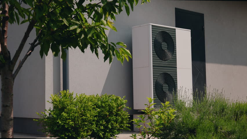Modern heat pump unit mounted on a residential wall, surrounded by lush green shrubs and partially shaded by a tree in a landscaped yard. High quality 4k footage