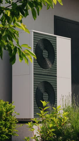 Close-up view of a modern heat pump unit outside a house, partially obscured by green leaves and plants, emphasizing eco-friendly home energy solutions. High quality 4k footage