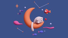 3d animation of fat fluffy kawaii white happy cat sleeping on yellow moon and dreaming of goldfish floating in the air with pink clouds, red heart shape, bubbles stars, small fishes on blue background - Powered by Shutterstock - Get 15% off with code: PIKWIZARD15