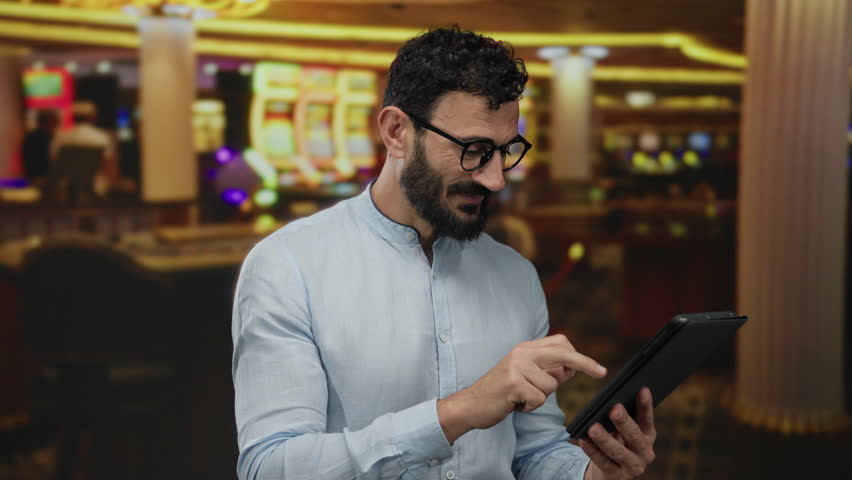 Hispanic man with beard smiling confidently holding tablet and giving thumbs up in vibrant casino environment with gaming machines in the background.