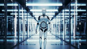 Advanced AI Robot Navigates Luminous Data Center Hallway with Binary Code Reflections. - Powered by Shutterstock - Get 15% off with code: PIKWIZARD15