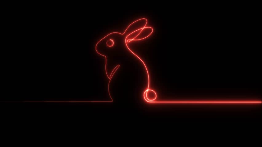 Neon Continuous one line drawing of Easter Bunny. Cute rabbit silhouette with ears in simple minimalistic style for spring design greeting card and web banner