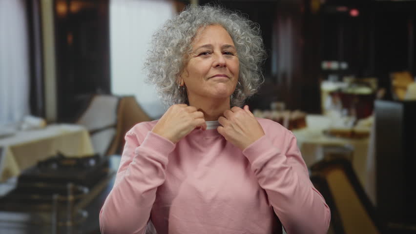 Woman with grey hair in a restaurant enjoying a peaceful moment, wearing a pink sweater, exuding confidence and grace, with a thoughtful expression in her eyes.