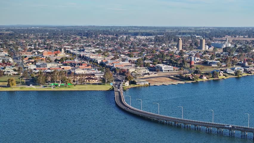 Aerial of the road bridge over Lake Mulwala with Yarrawonga in the background
